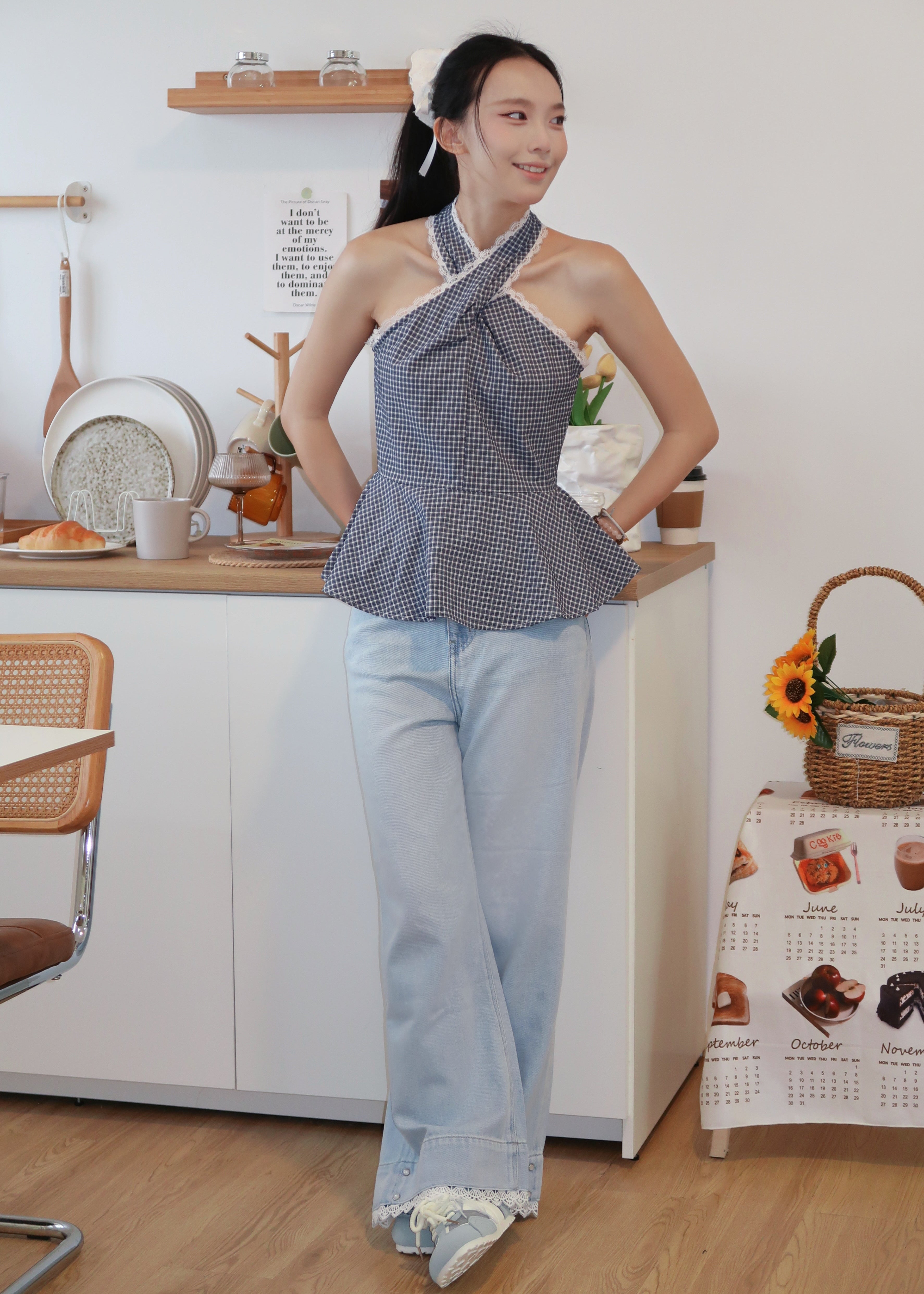 Gingham Lace Halter Top - Blue