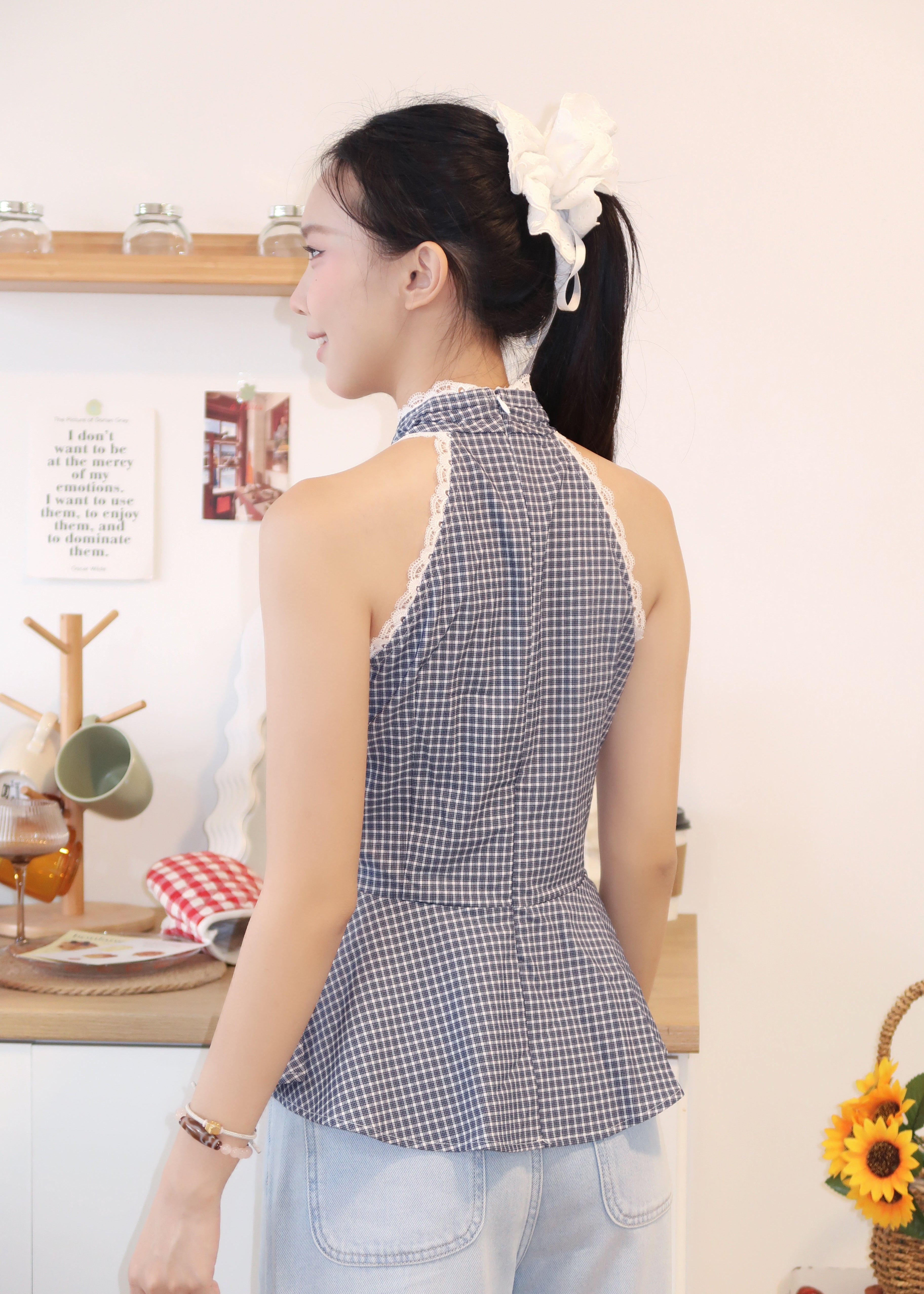 Gingham Lace Halter Top - Blue
