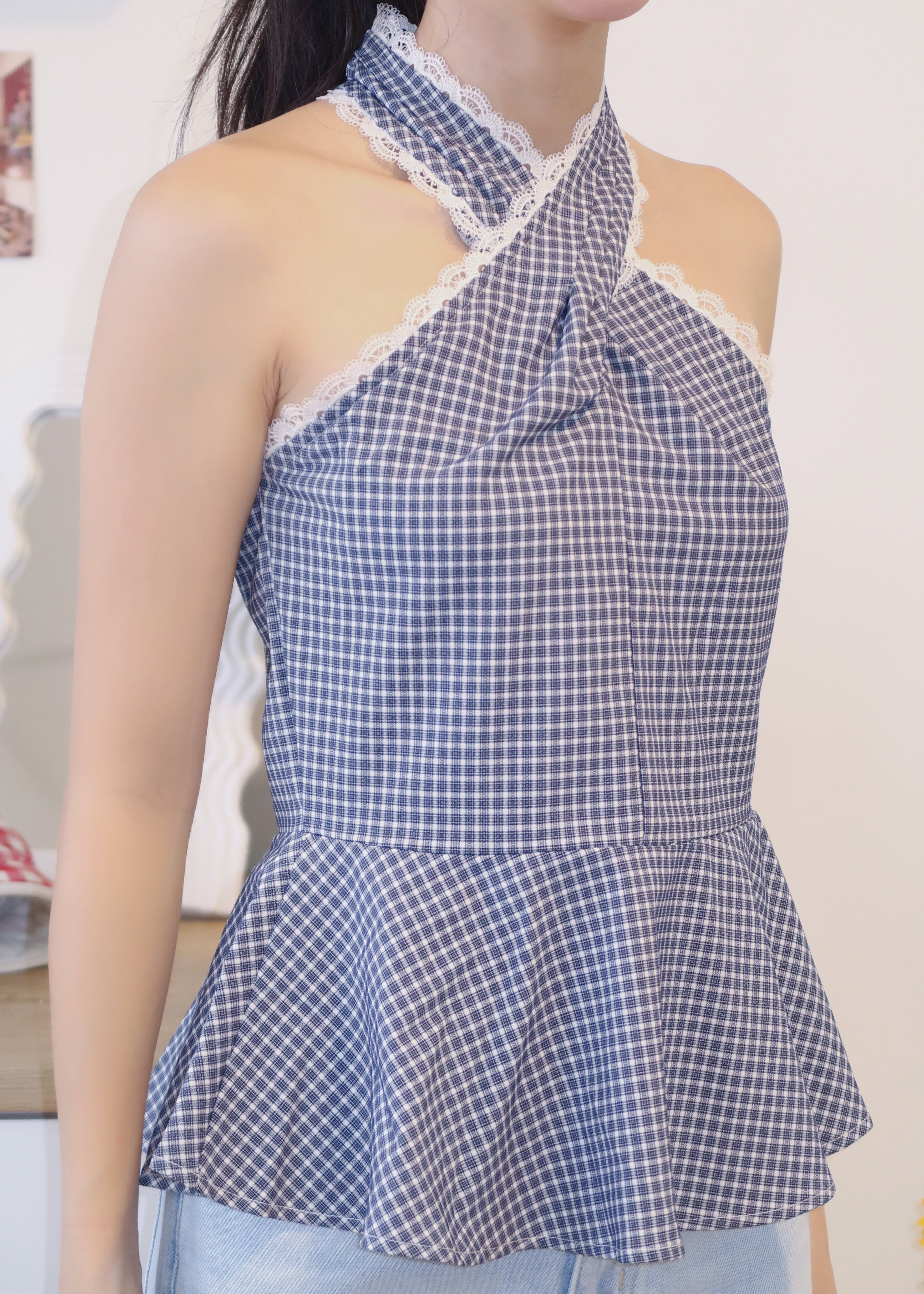 Gingham Lace Halter Top - Blue