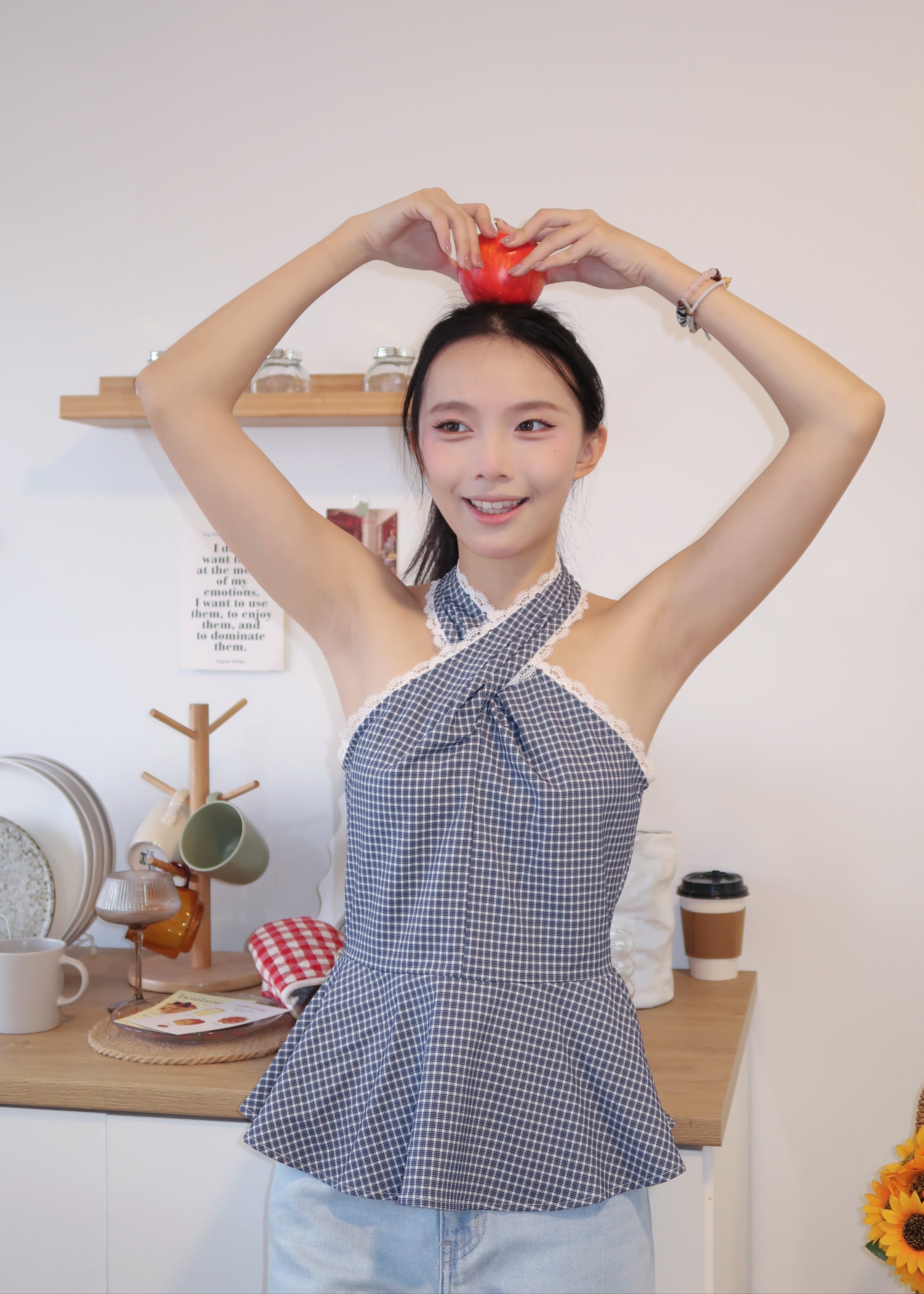 Gingham Lace Halter Top - Blue