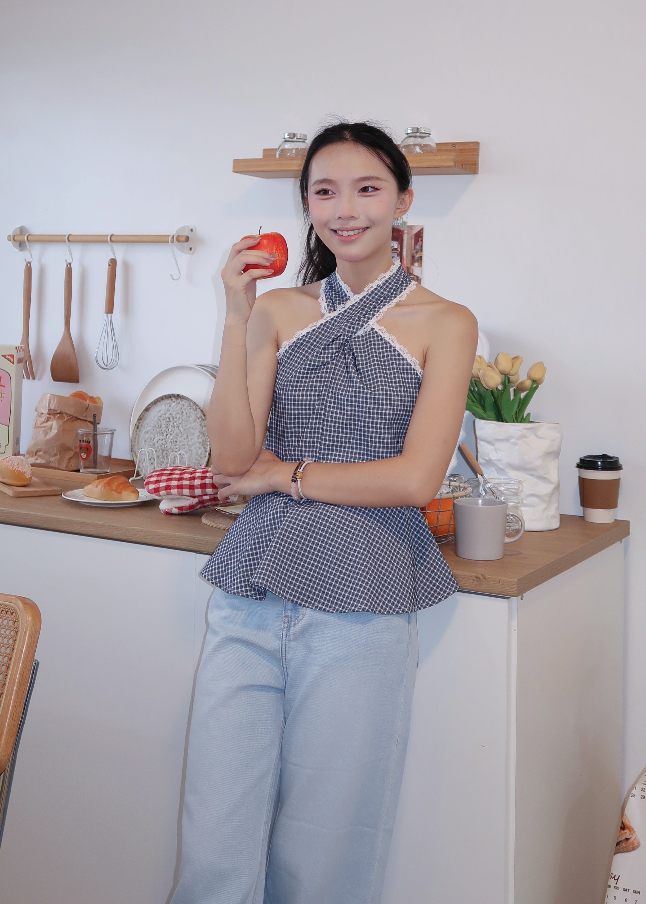 Gingham Lace Halter Top - Blue