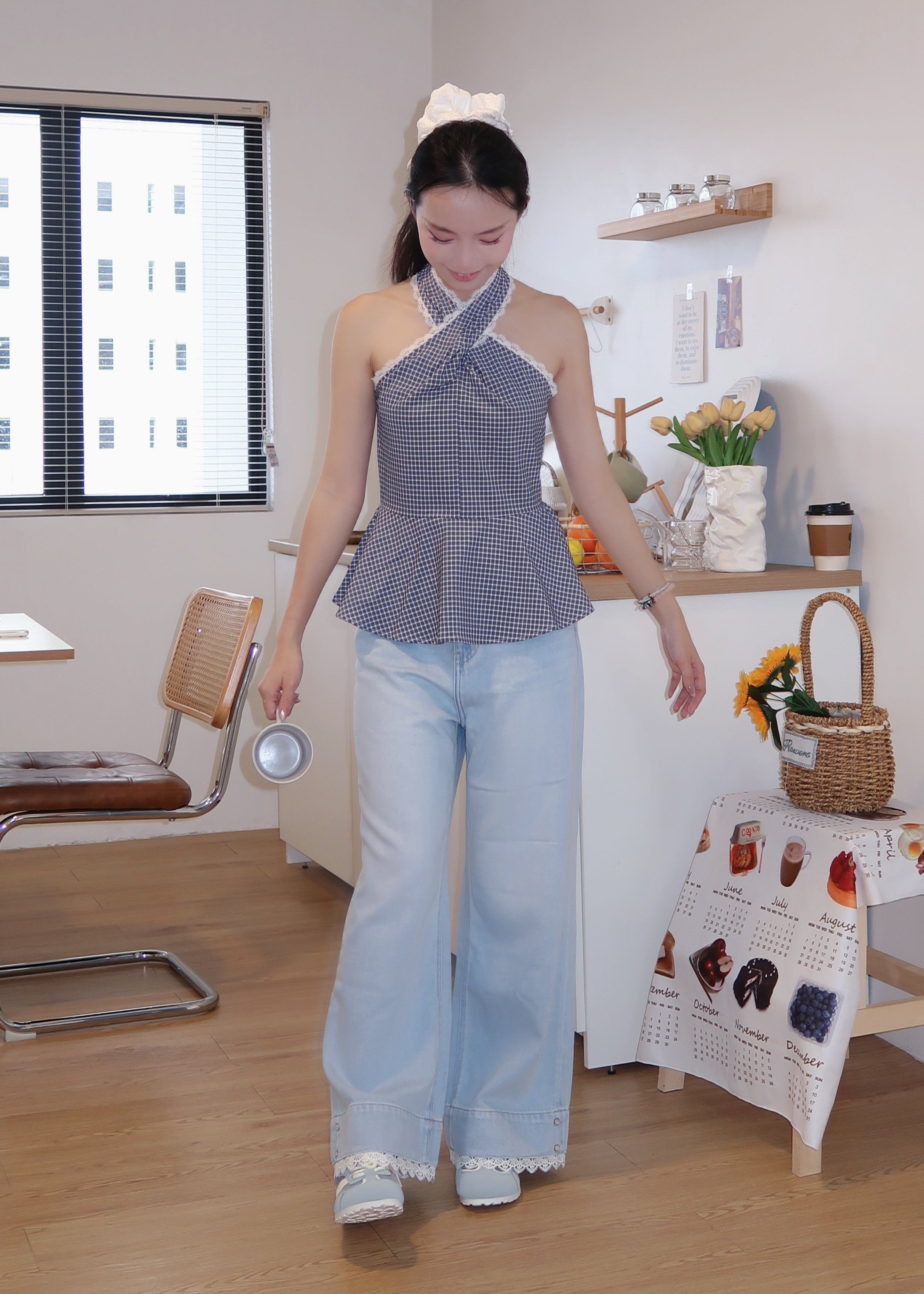 Gingham Lace Halter Top - Blue