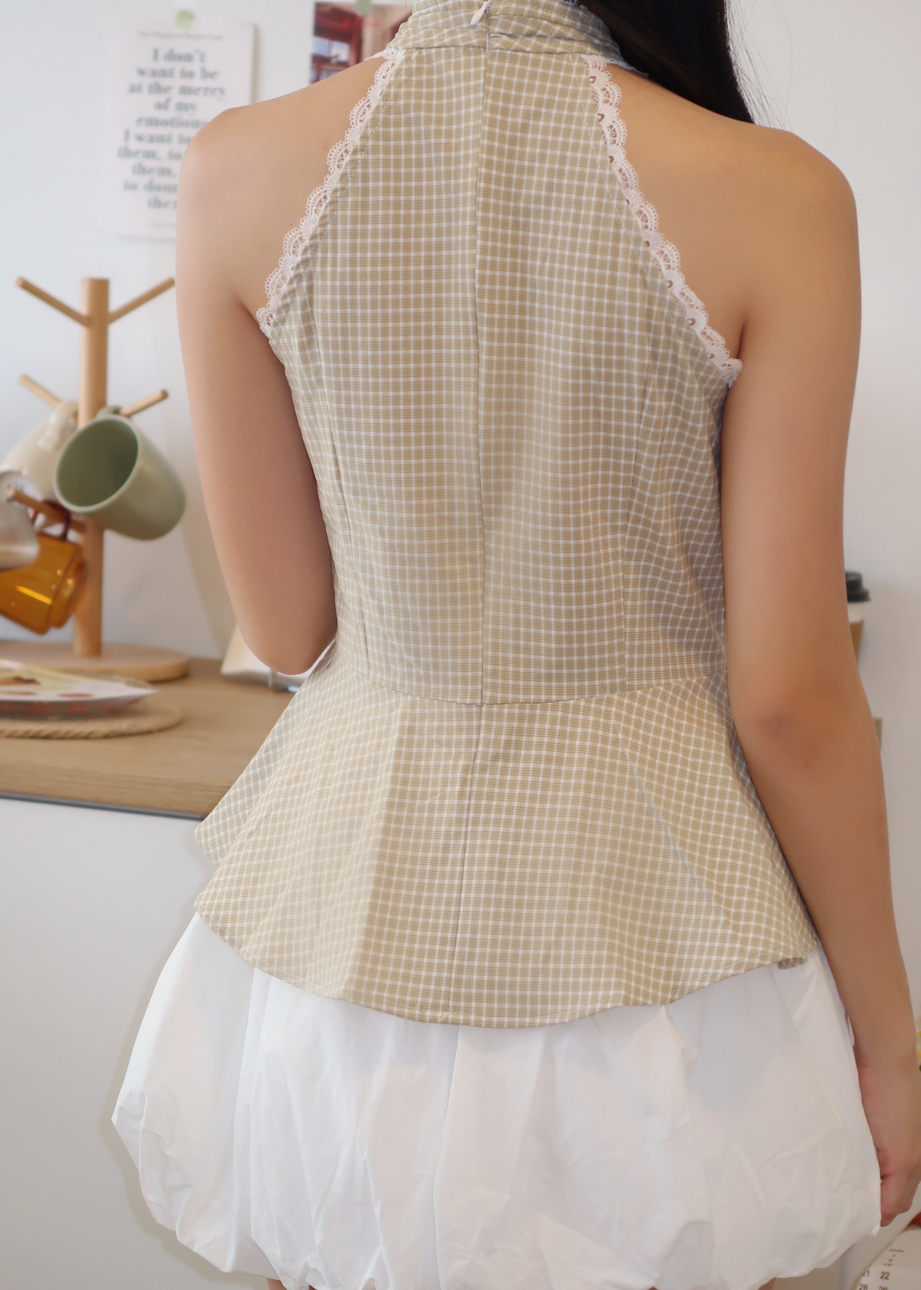 Gingham Lace Halter Top - Beige