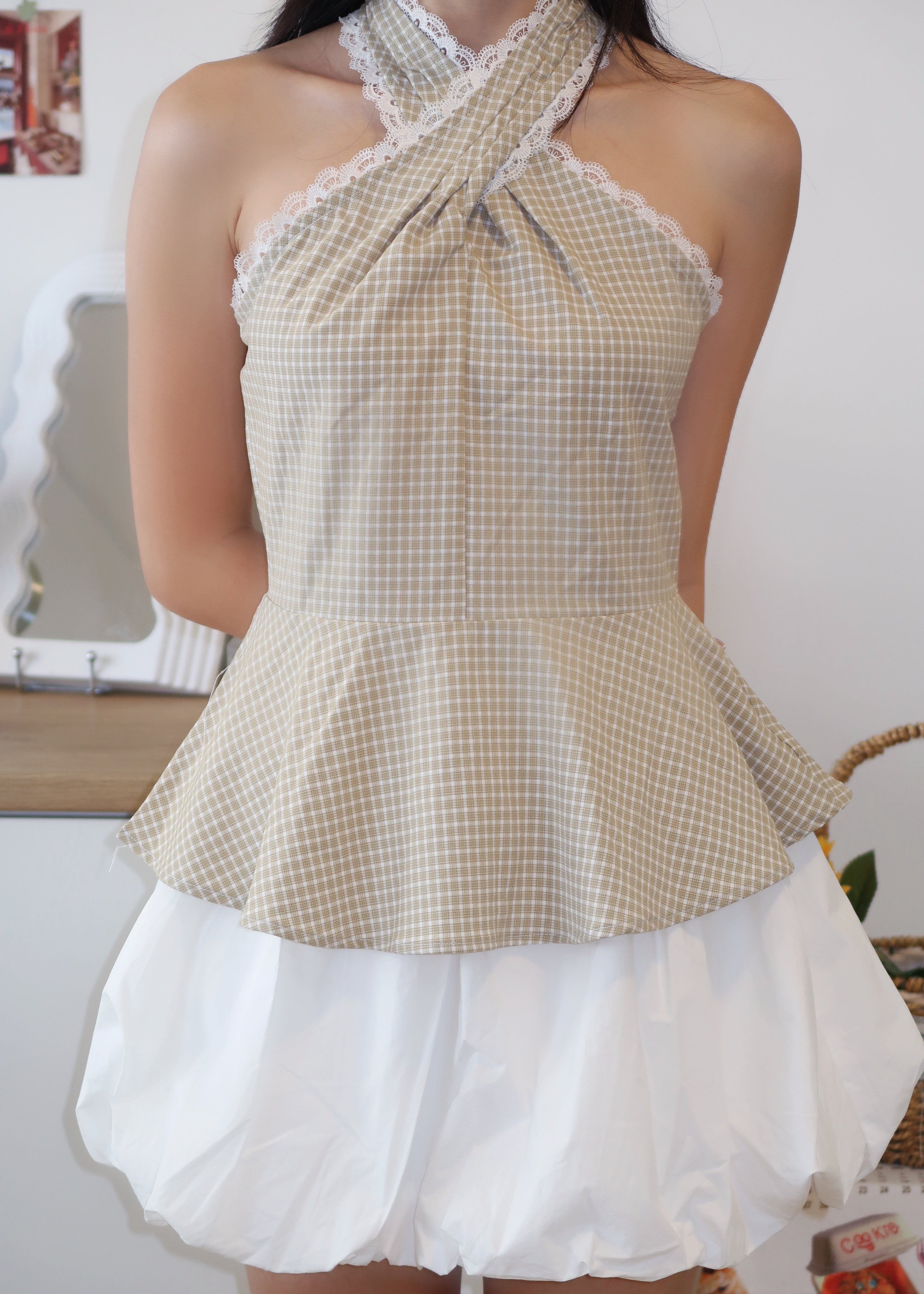 Gingham Lace Halter Top - Beige