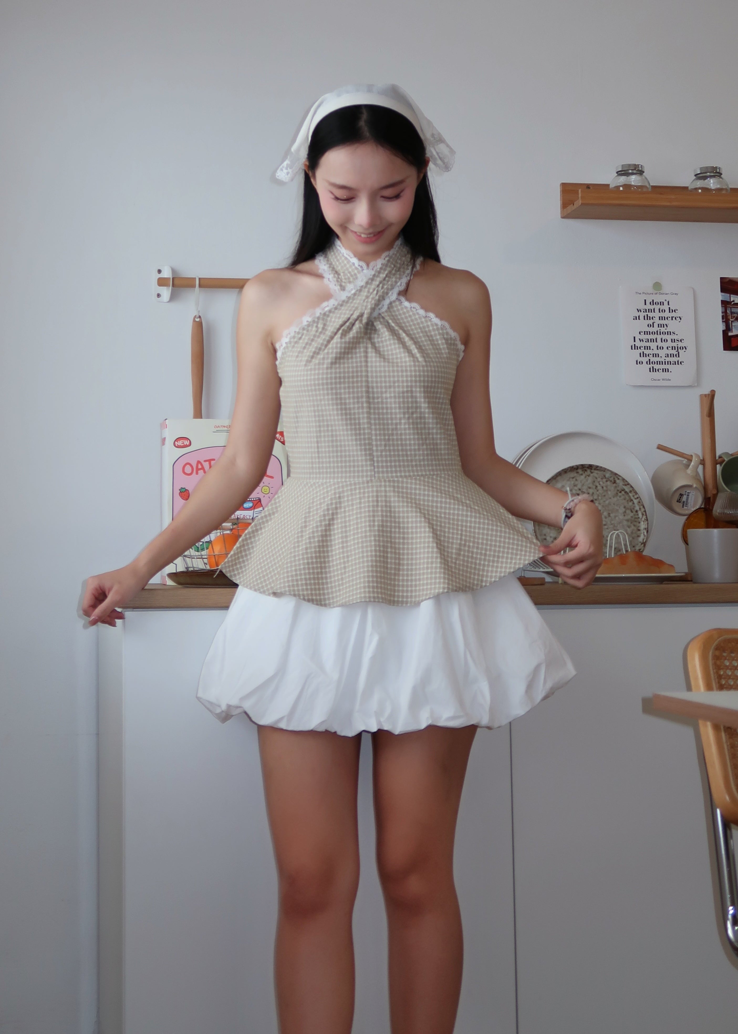 Gingham Lace Halter Top - Beige