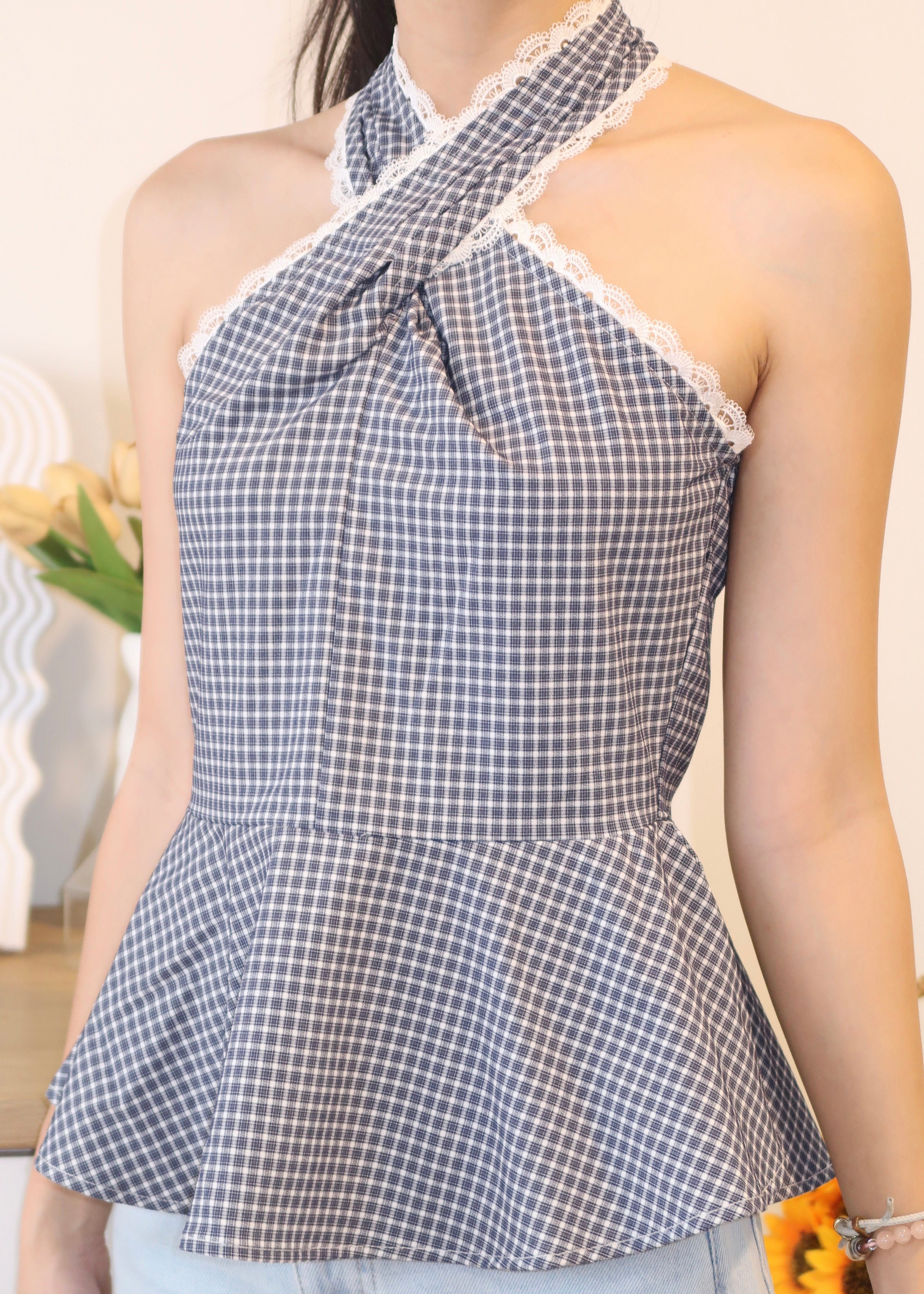 Gingham Lace Halter Top - Blue