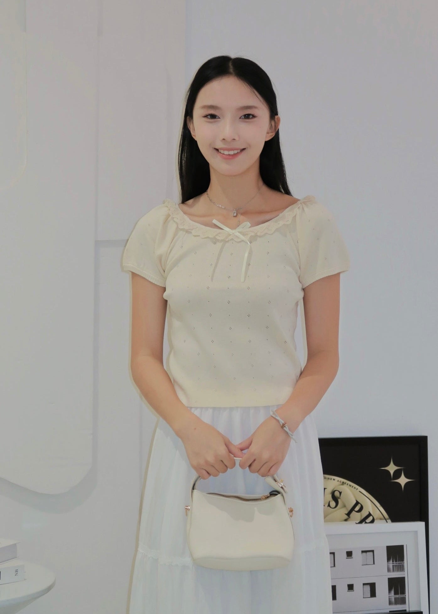 Puff Ruffle Top - Cream Beige