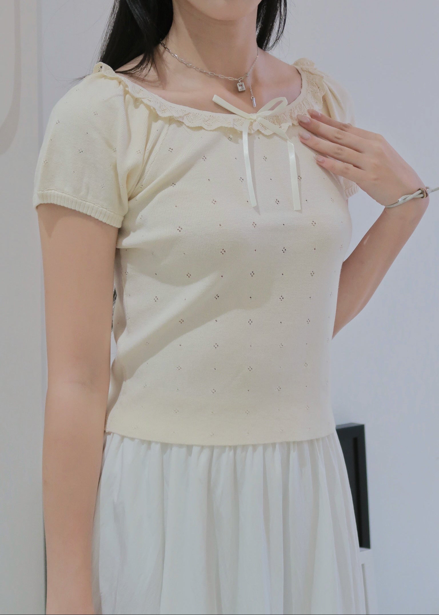 Puff Ruffle Top - Cream Beige