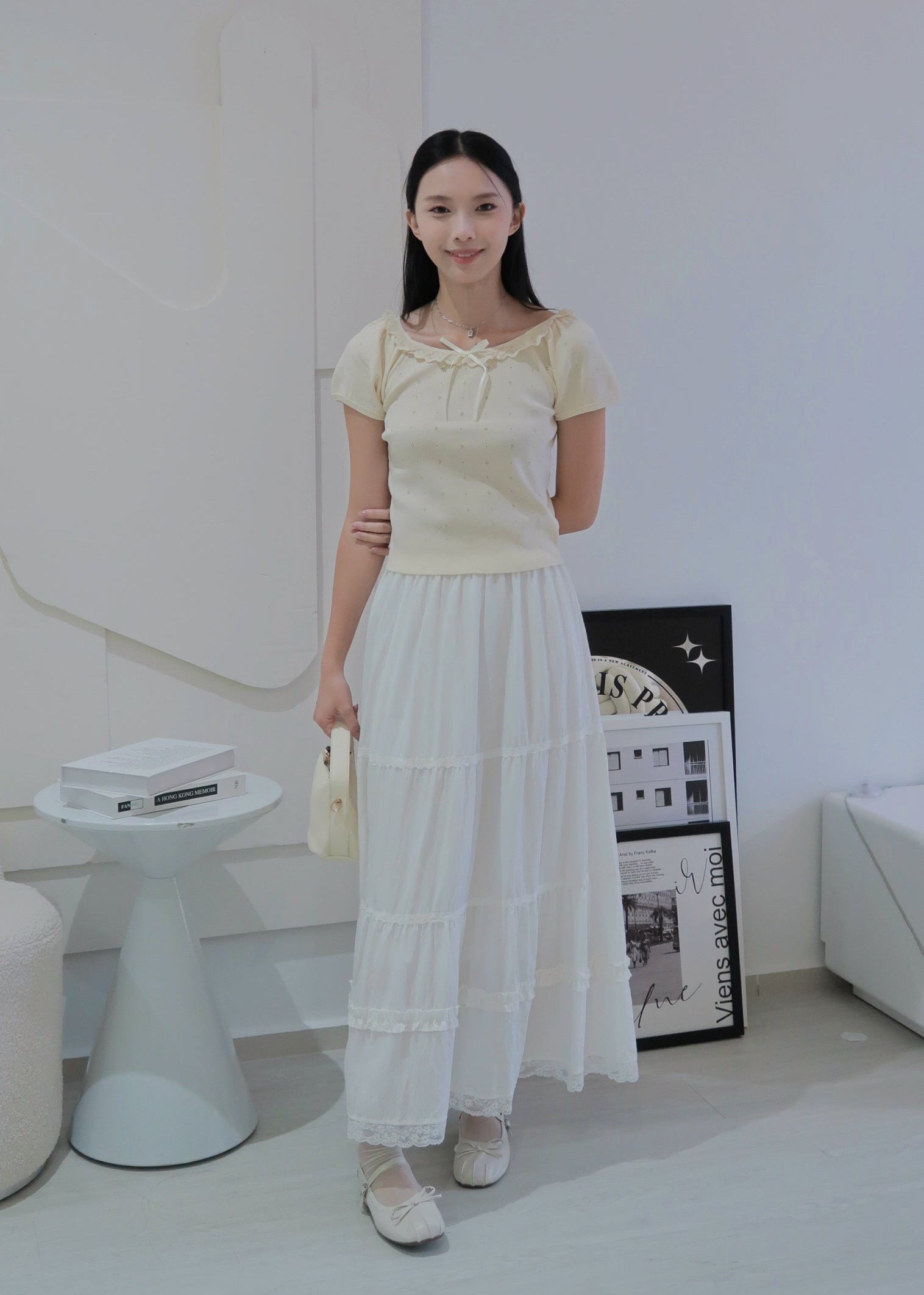 Puff Ruffle Top - Cream Beige
