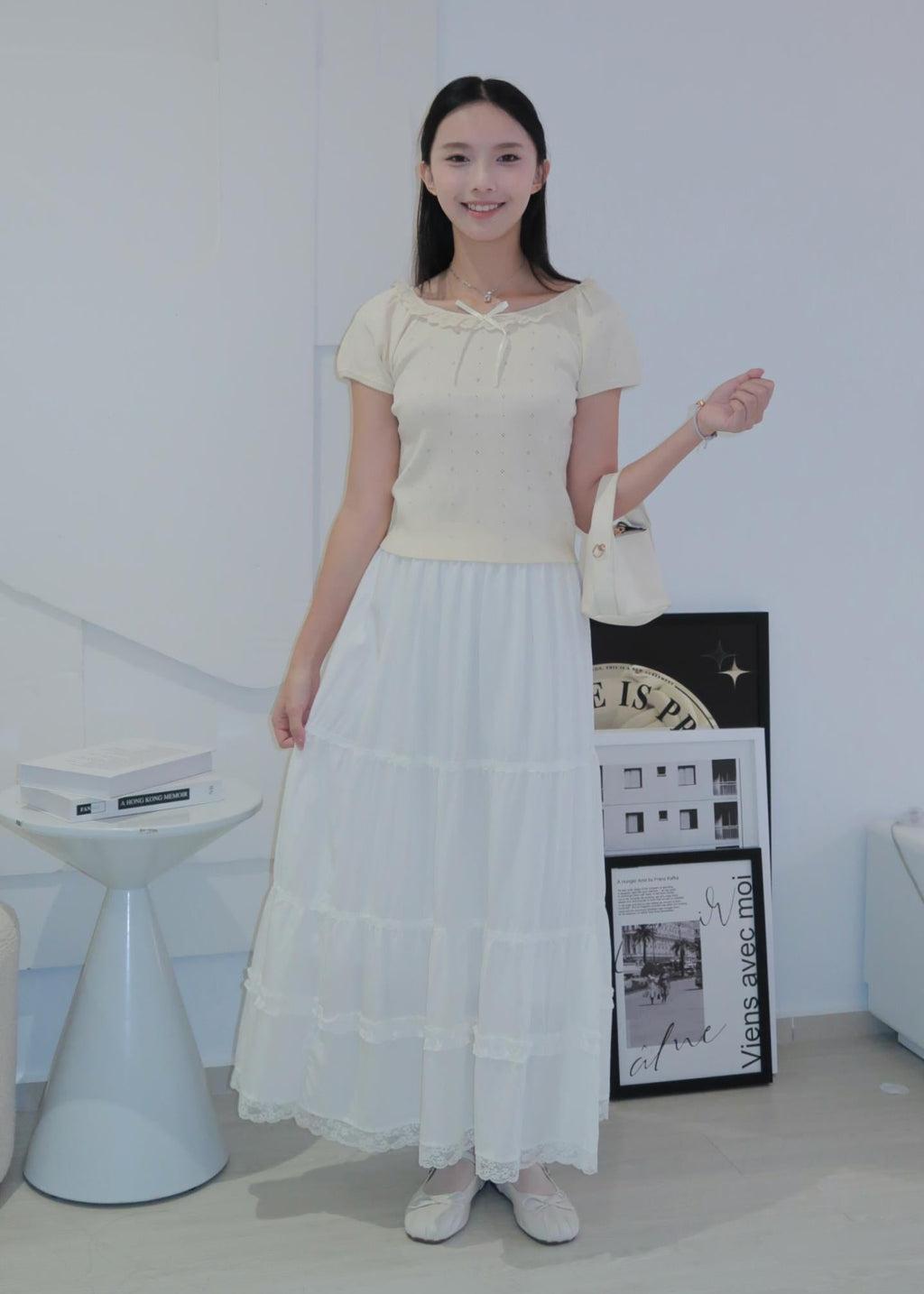 Puff Ruffle Top - Cream Beige