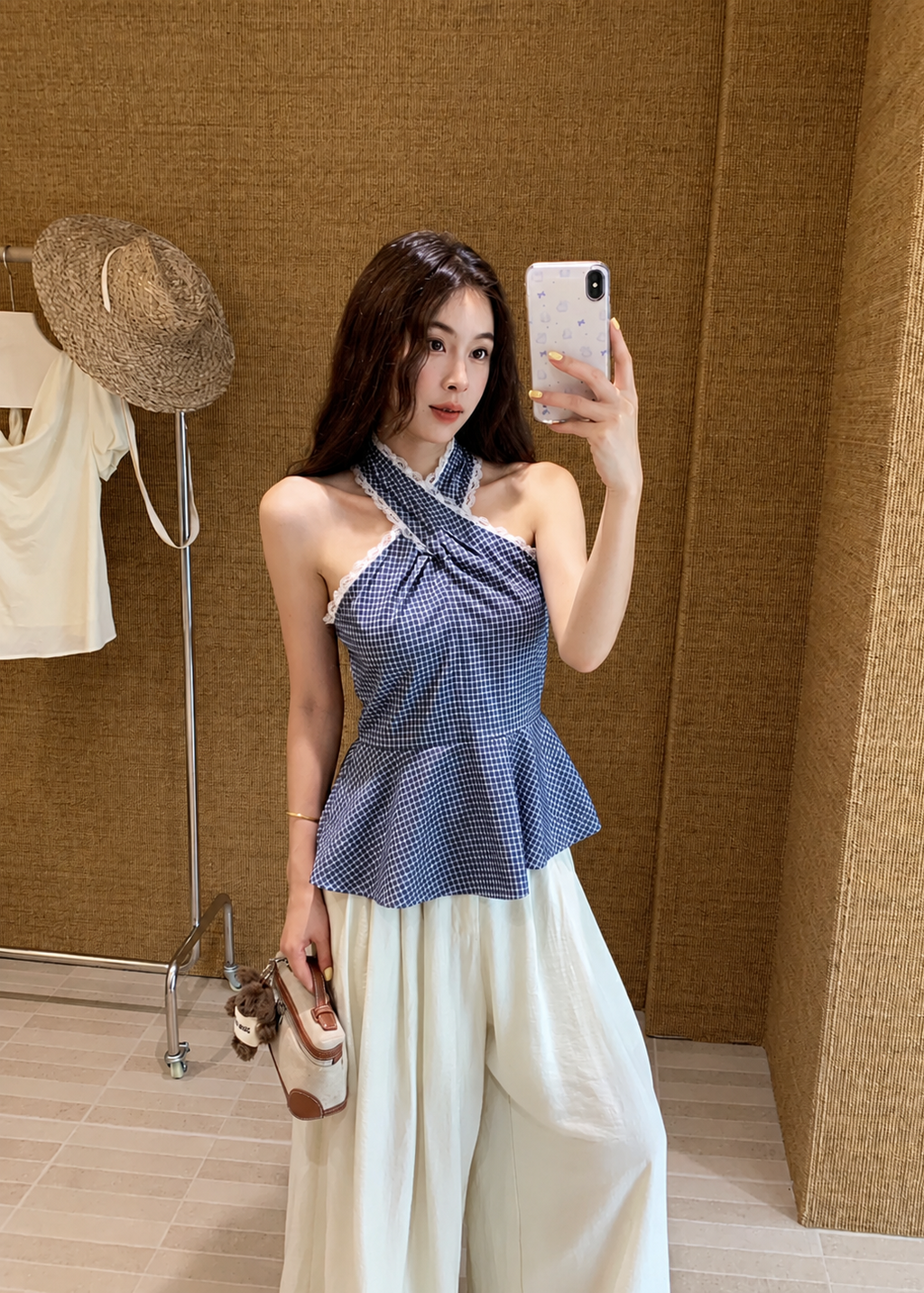 Gingham Lace Halter Top - Blue