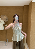 Gingham Lace Halter Top - Beige