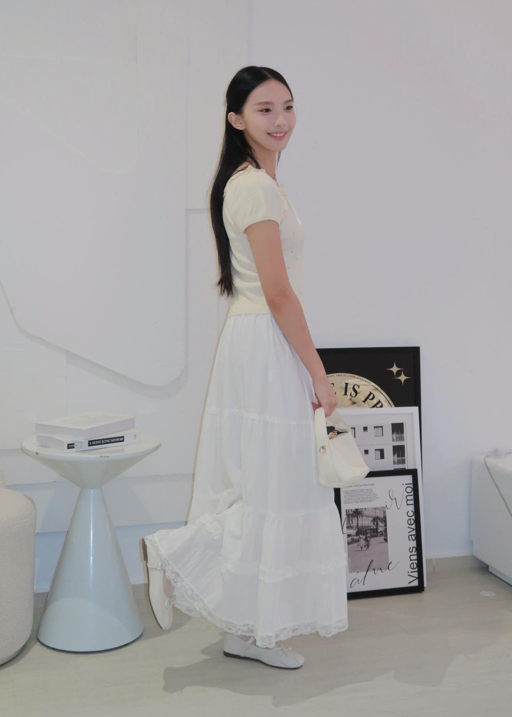 Puff Ruffle Top - Cream Beige