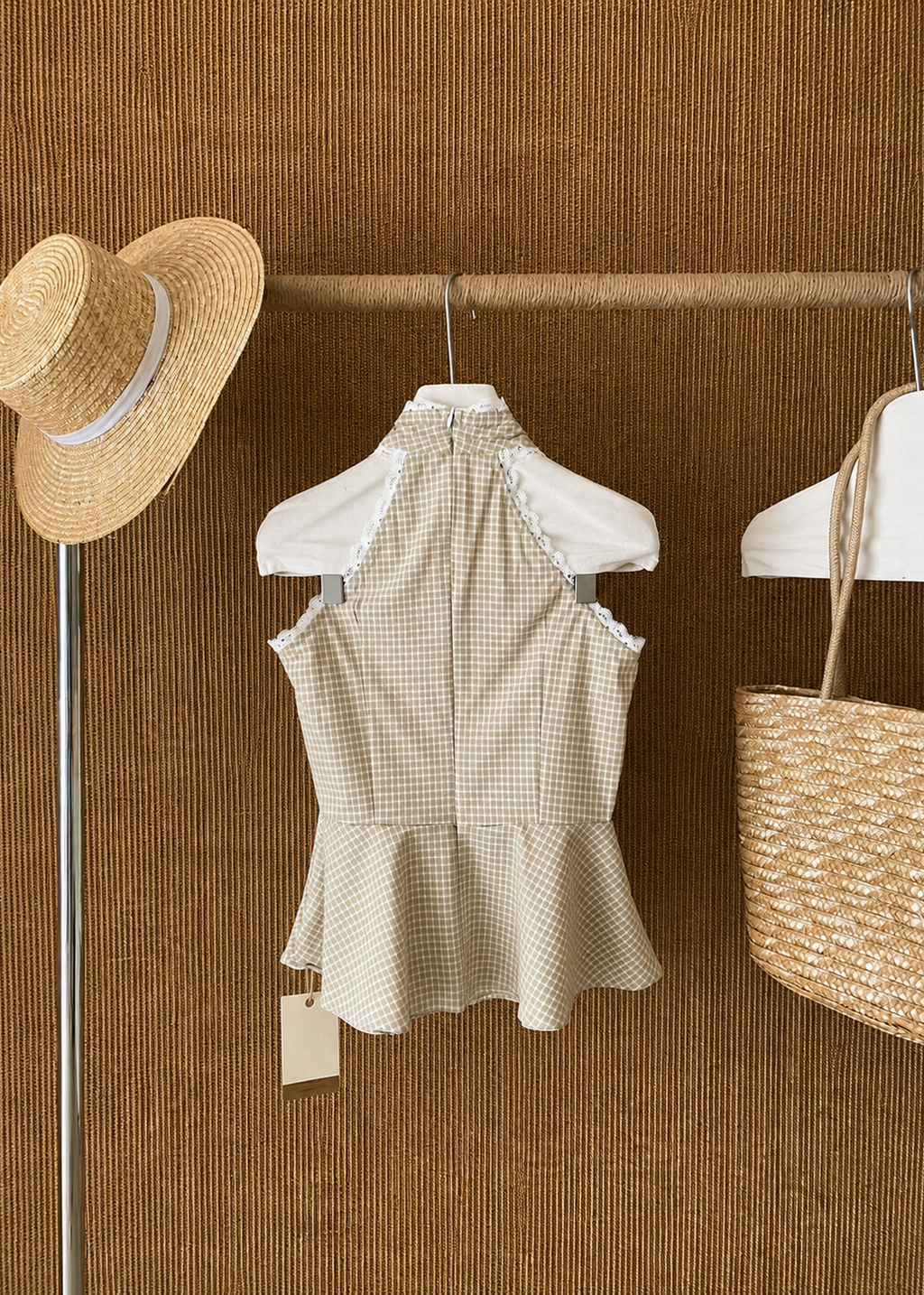 Gingham Lace Halter Top - Beige