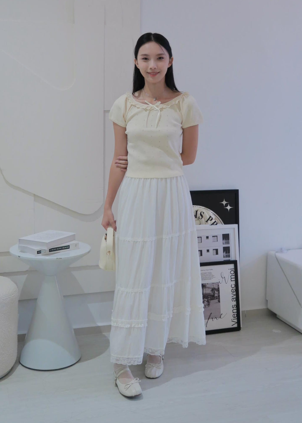 Puff Ruffle Top - Cream Beige