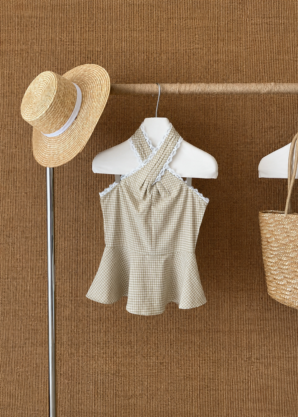 Gingham Lace Halter Top - Beige