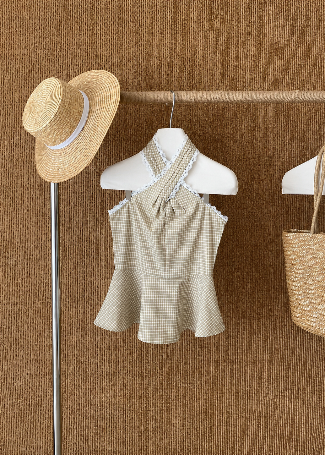 Gingham Lace Halter Top - Beige