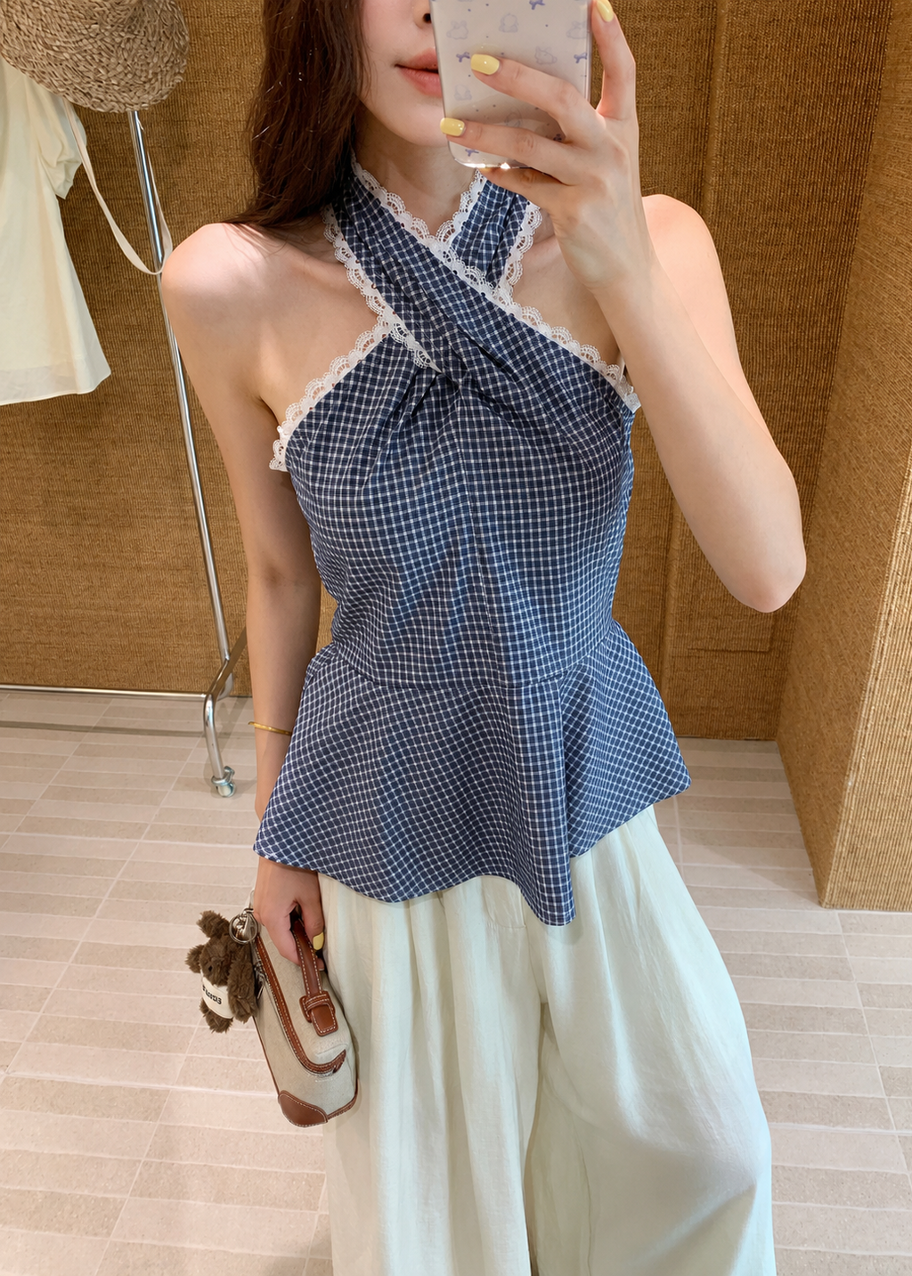 Gingham Lace Halter Top - Blue