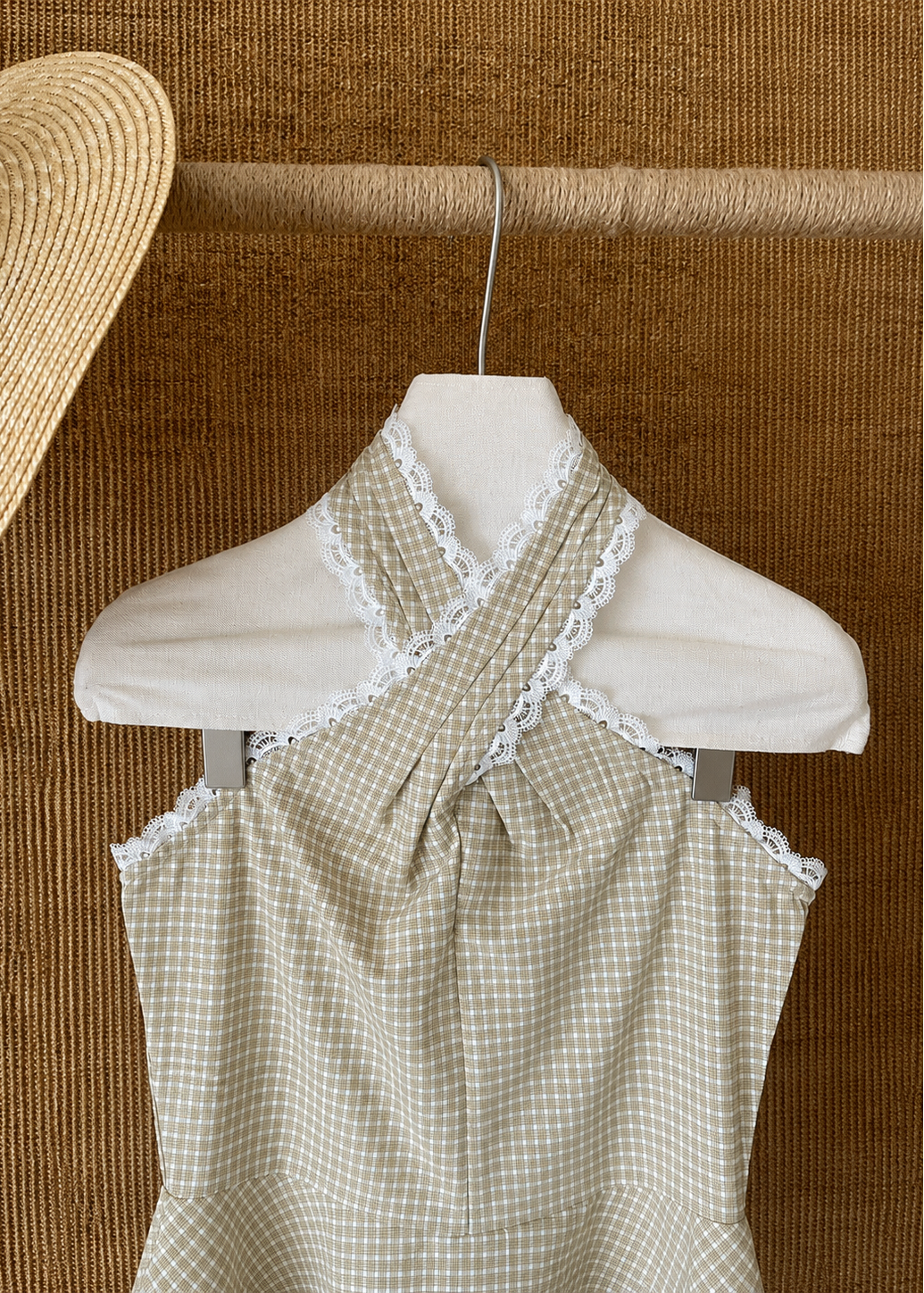 Gingham Lace Halter Top - Beige