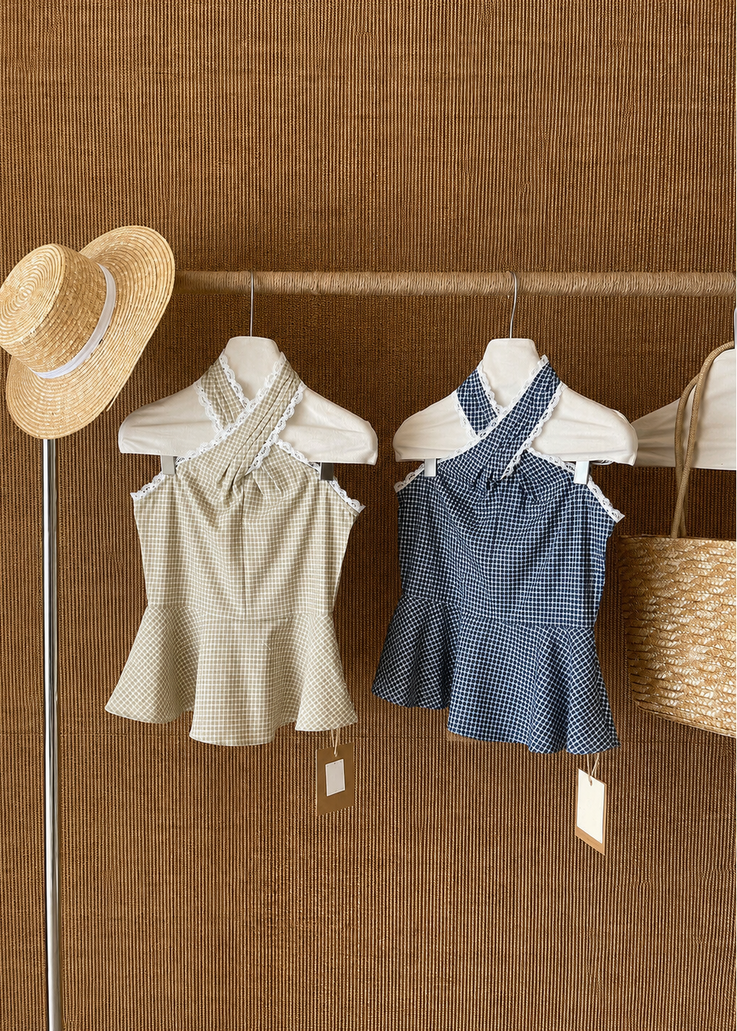 Gingham Lace Halter Top - Blue