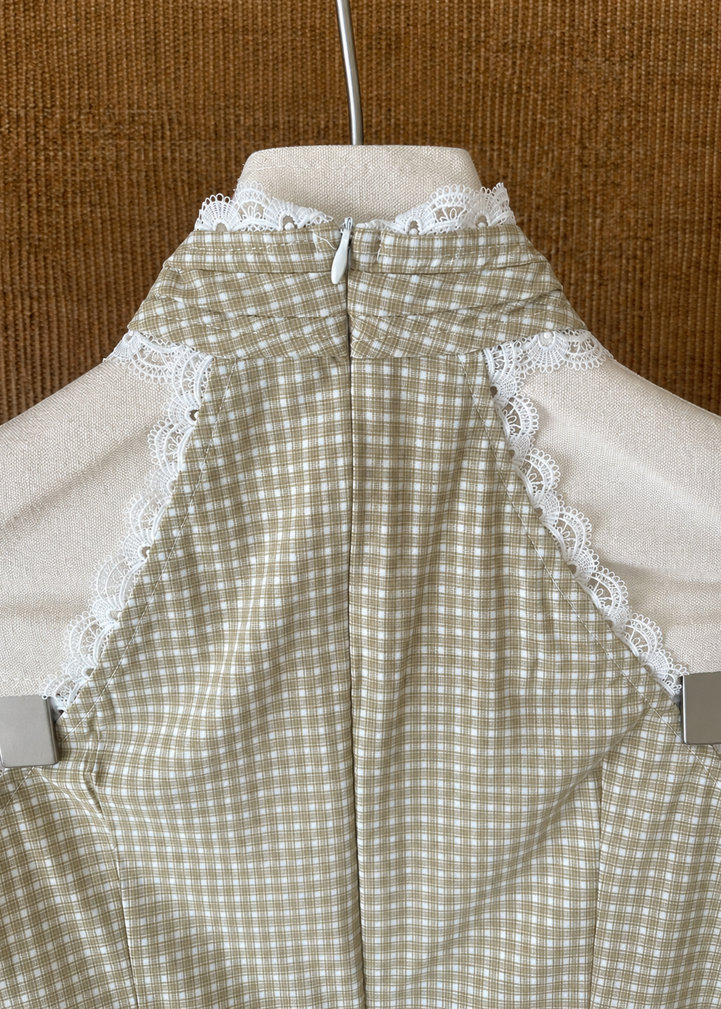 Gingham Lace Halter Top - Beige