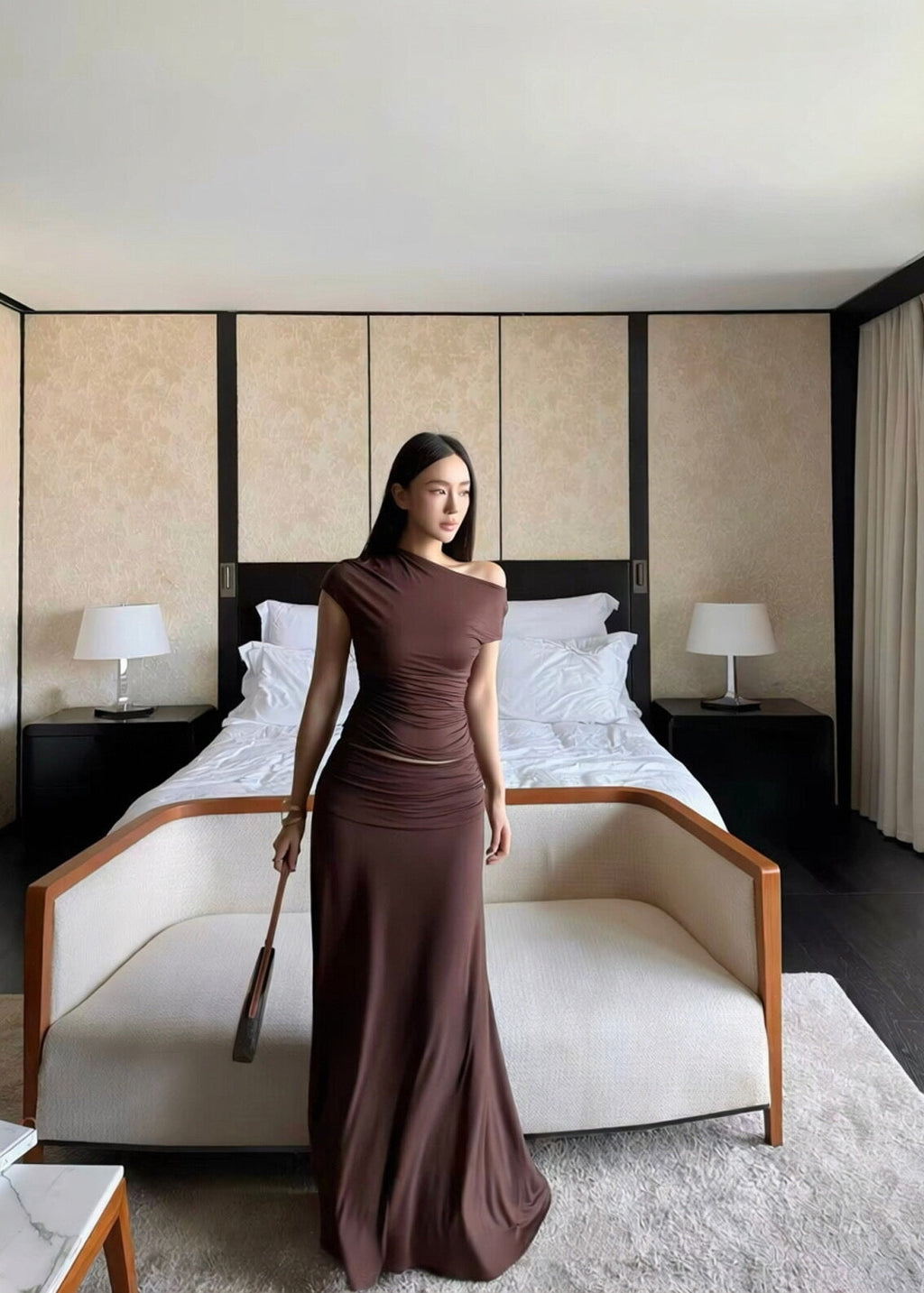 【Pre-Order】Mila Off-Shoulder Set - Brown