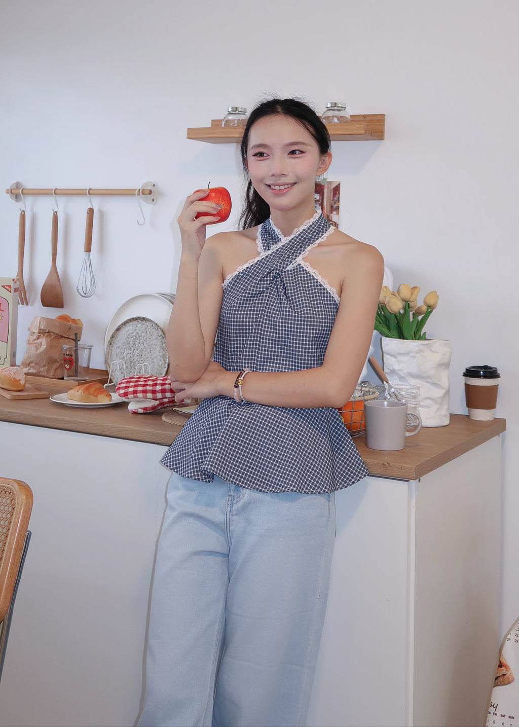 Gingham Lace Halter Top - Blue