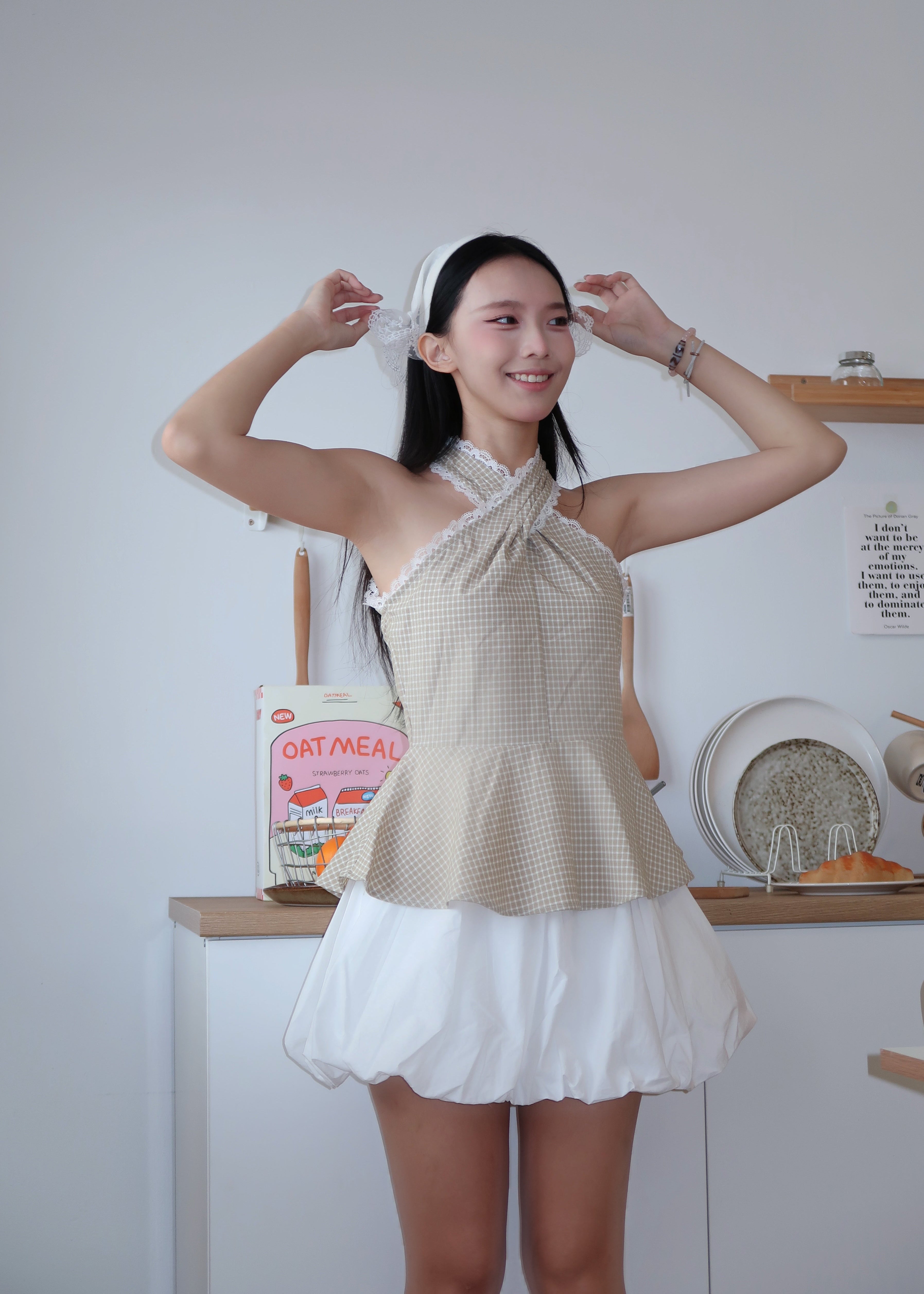 Gingham Lace Halter Top - Beige