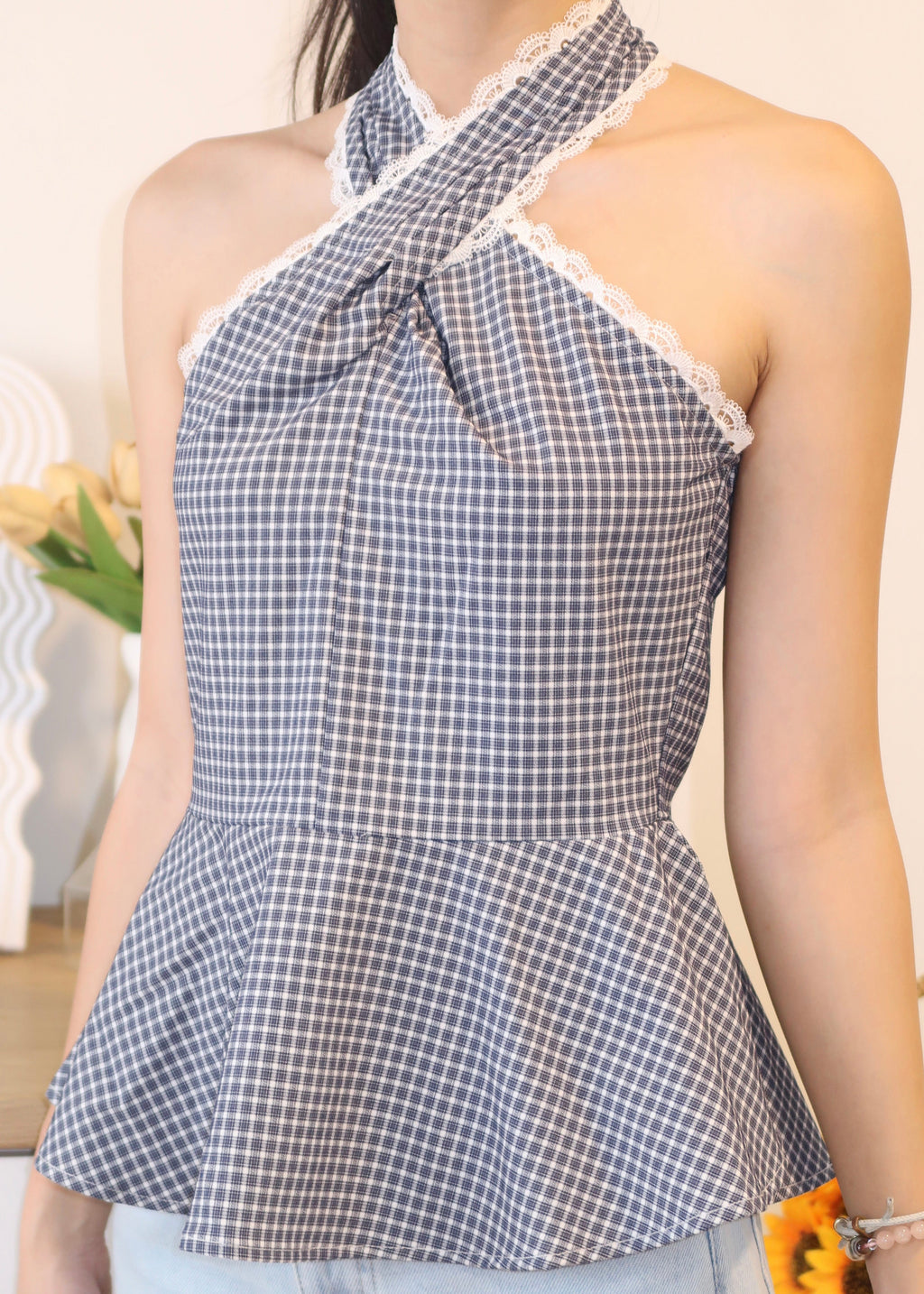 Gingham Lace Halter Top - Blue