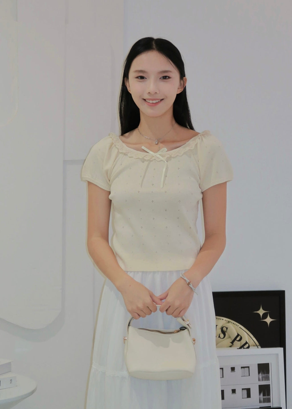 Puff Ruffle Top - Cream Beige