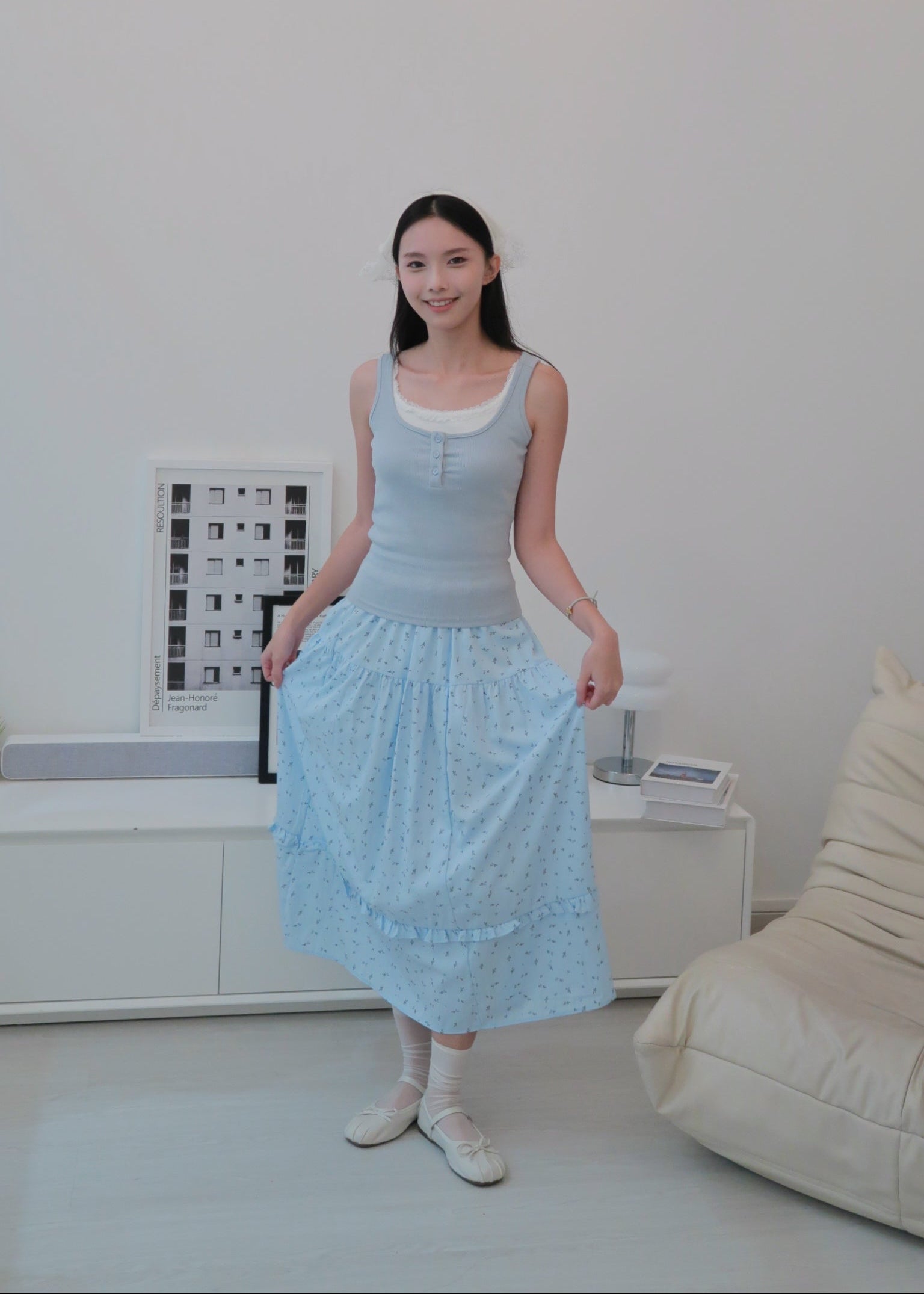 Floral Long Skirt - Blue