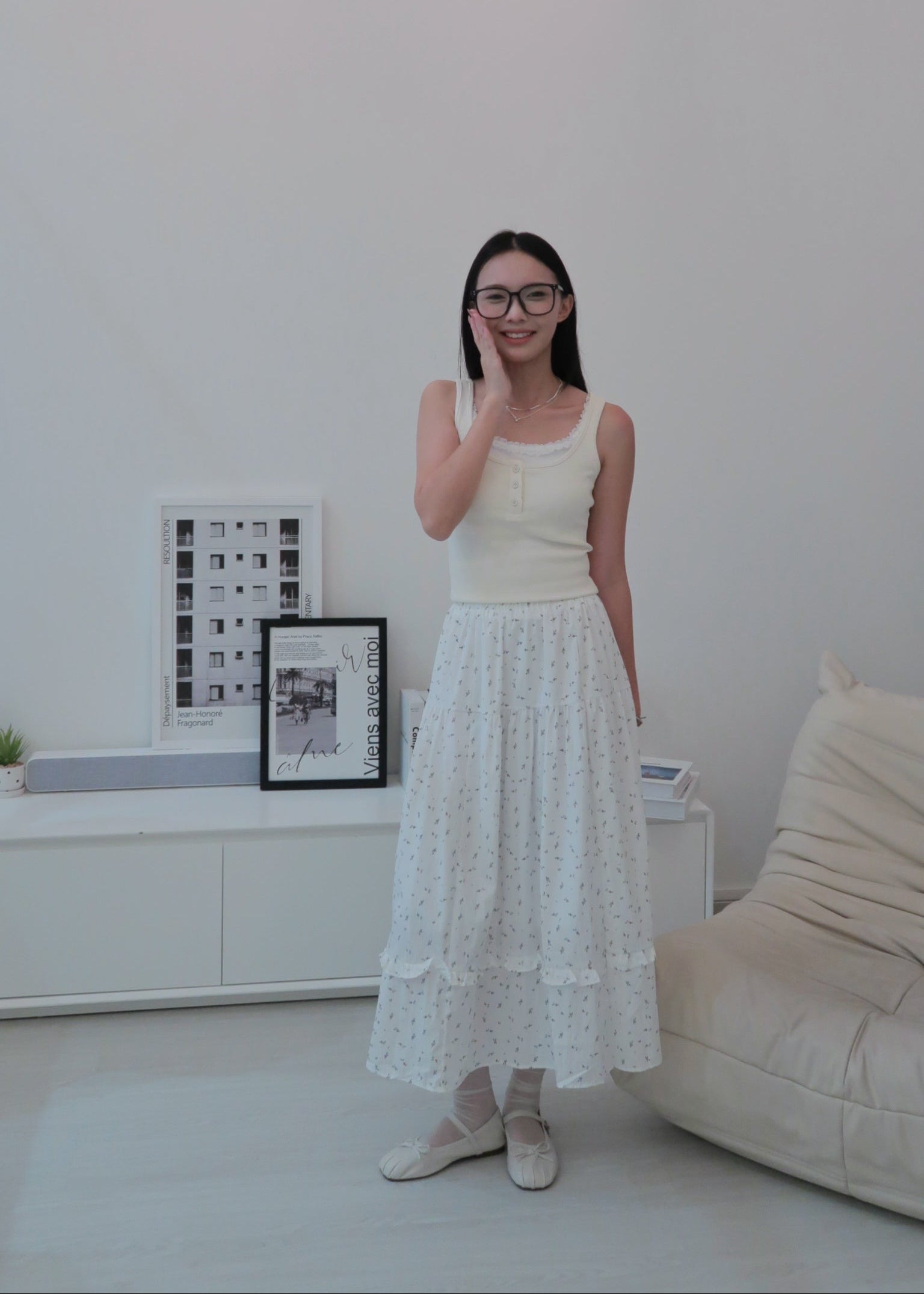 Floral Long Skirt - White