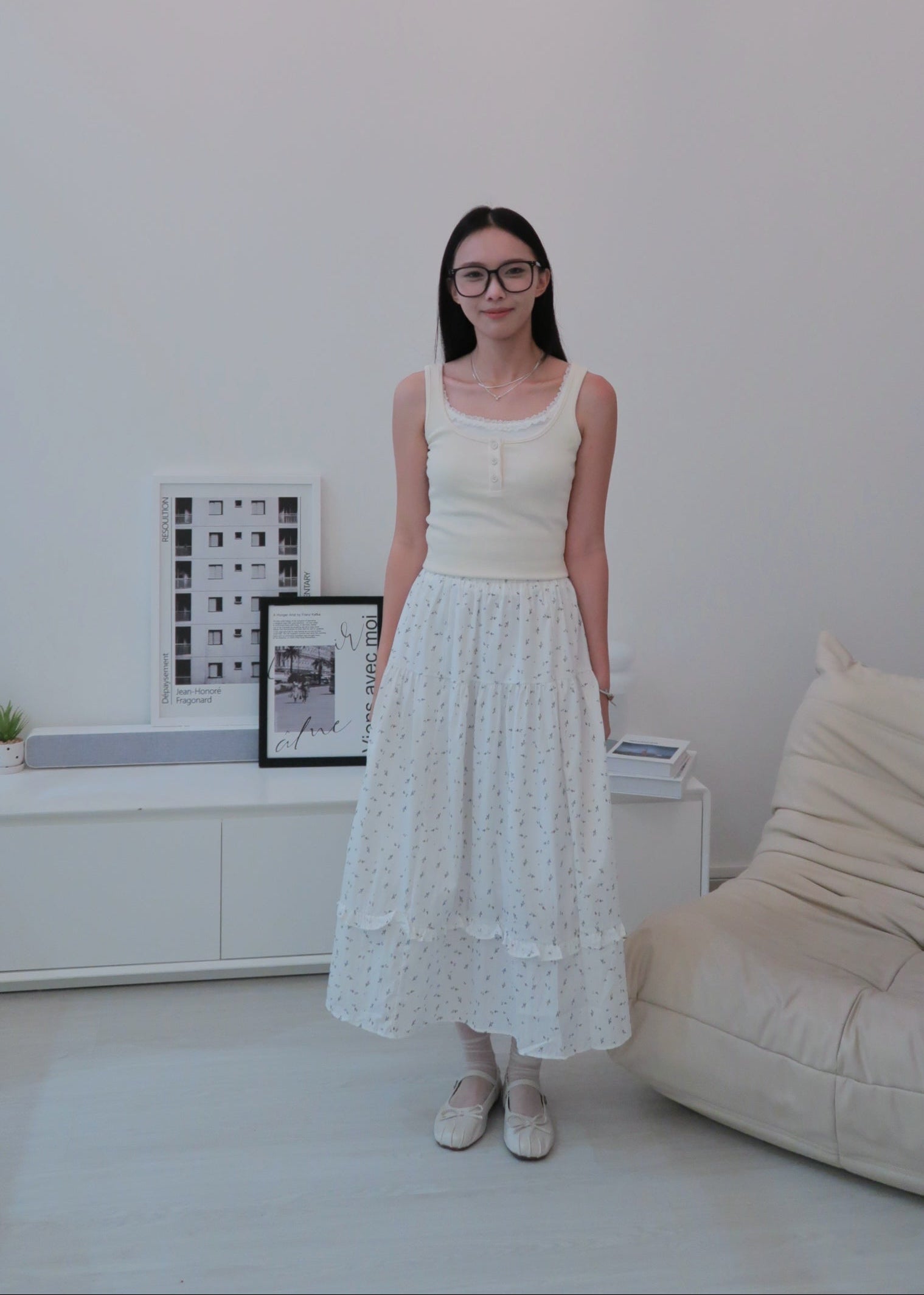 Floral Long Skirt - White