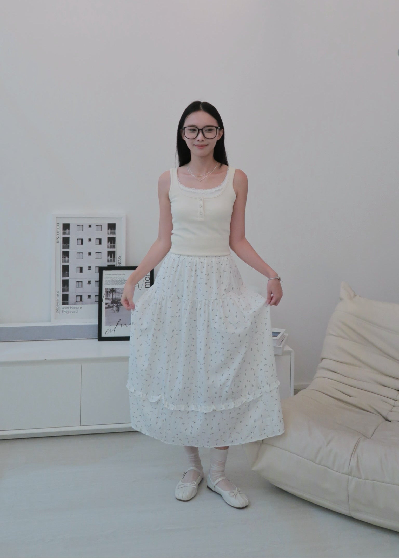 Floral Long Skirt - White