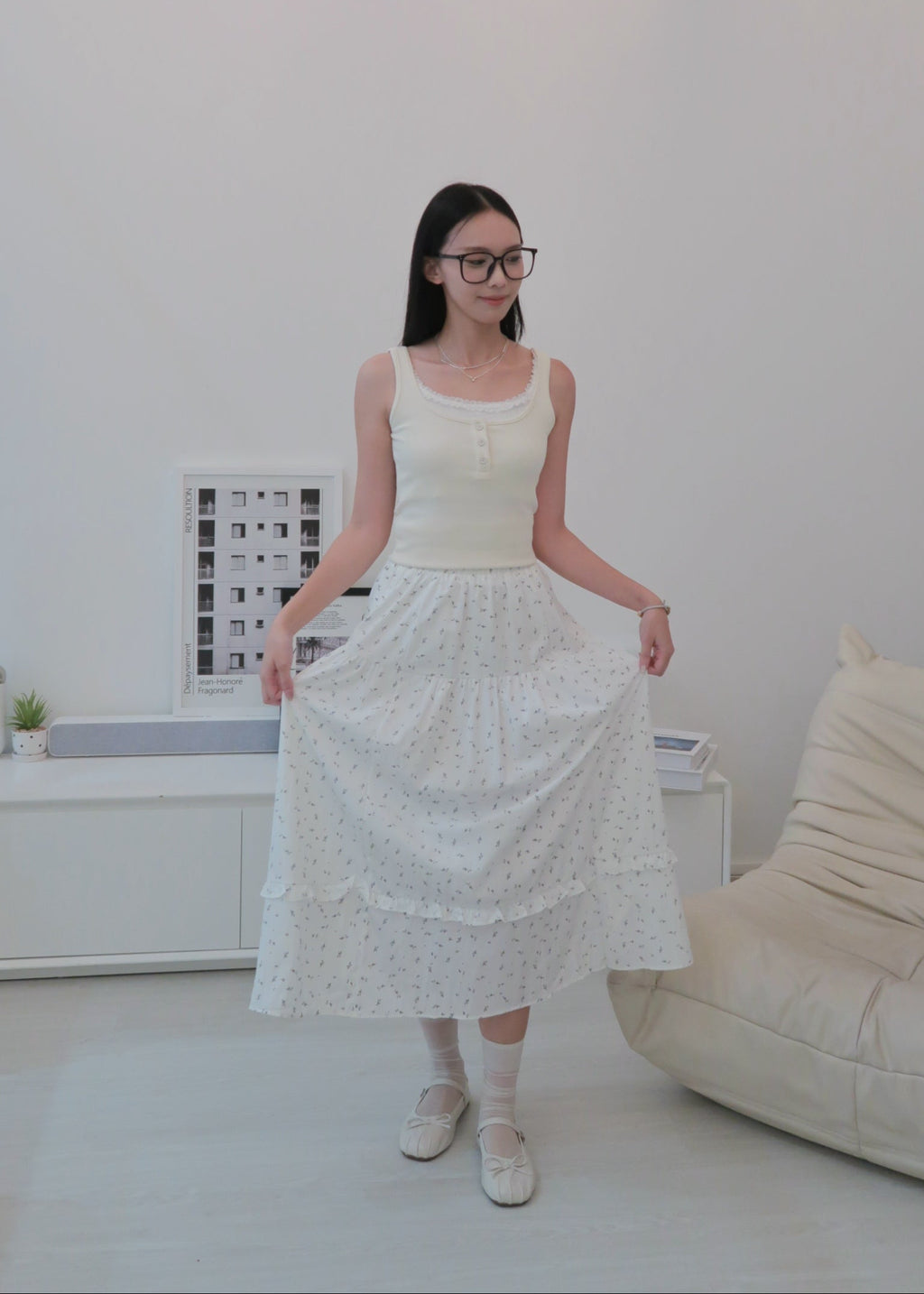 Floral Long Skirt - White