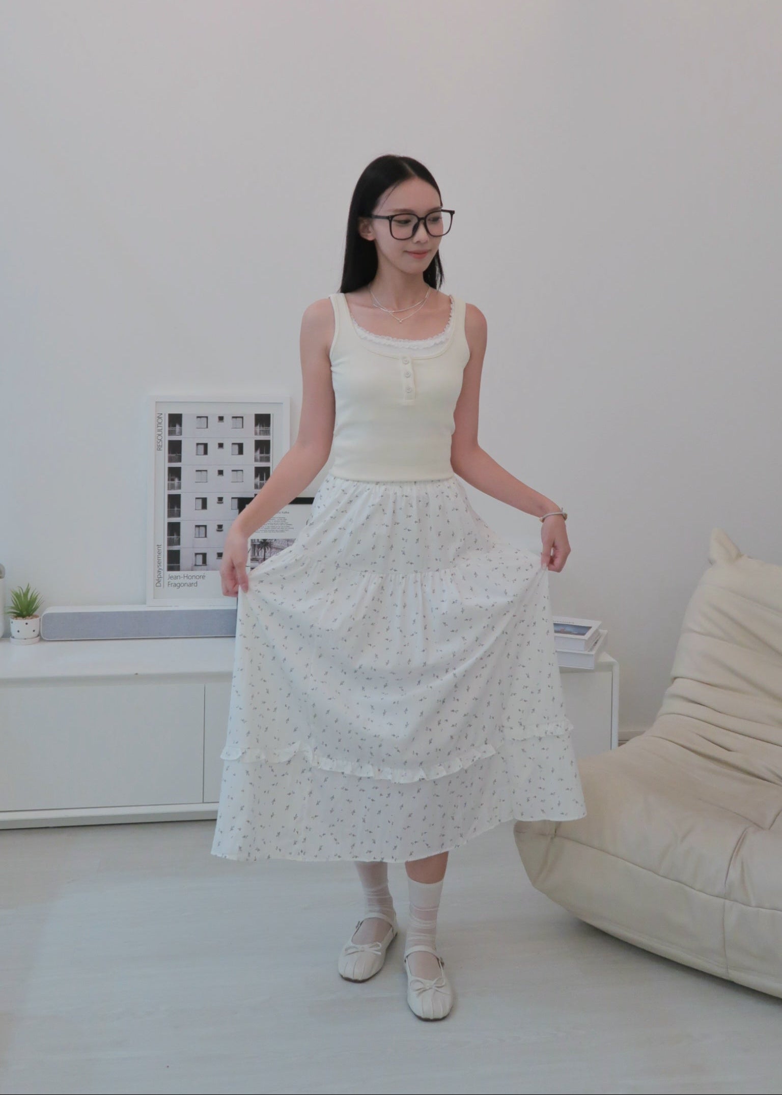 Floral Long Skirt - White